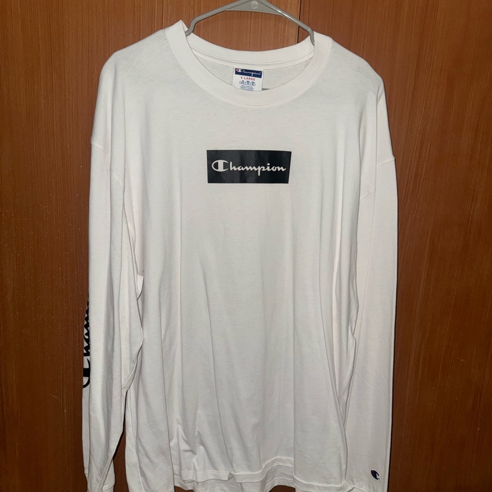 Champion White Long Sleeve Logo Graphic Men's Cotton Crew Neck T-Shirt XL